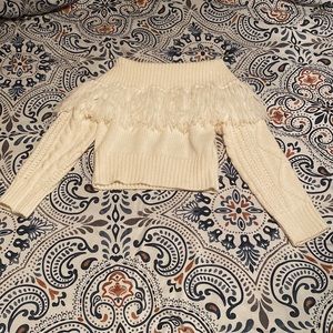 Women’s off the shoulder, fringe, pullover sweater, long sleeves, slim fit
